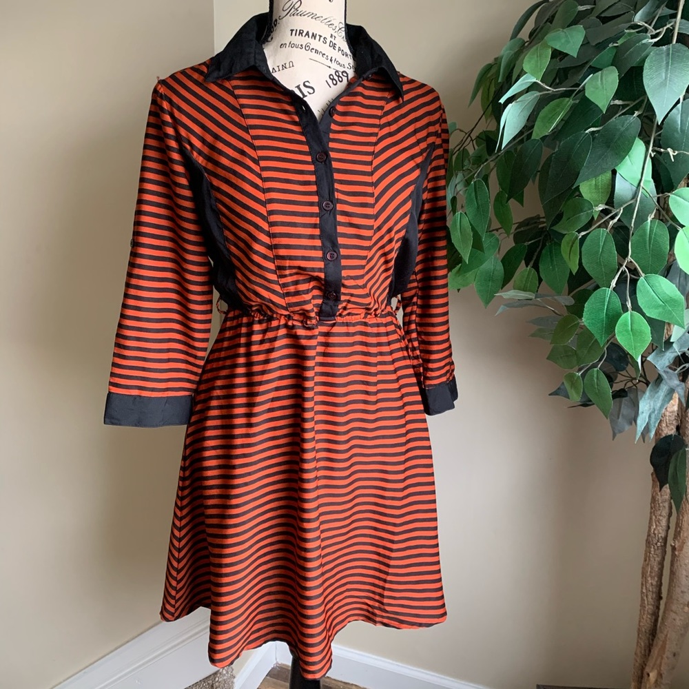 She’s Cool Stripe Long Sleeve Collared Shirt Dress Orange Sz M